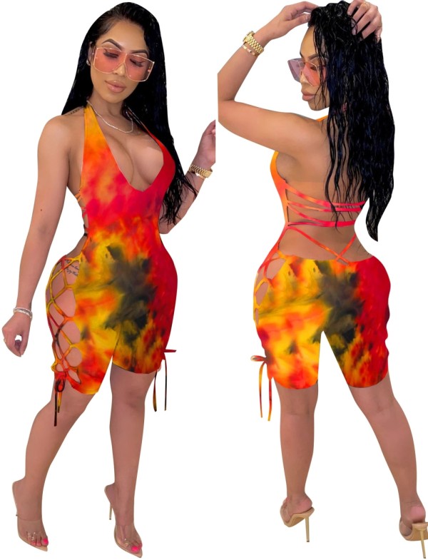 Tie Dye Sexy Lace Up Bodycon Rompers