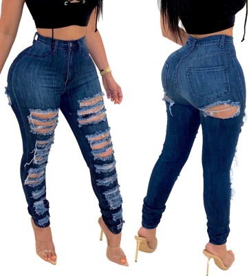 Sexy Blue High Waist Ripped Jeans