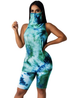 Summer Tie Dye Two Piece Shorts Set with Face Cover
