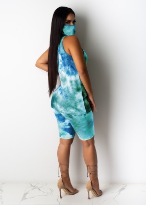 Summer Tie Dye Two Piece Shorts Set with Face Cover