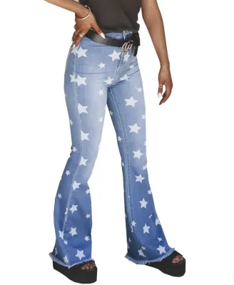 Light Blue Stars Print Flare Jeans