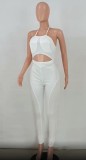 White Cut Out Sexy Halter Jumpsuit