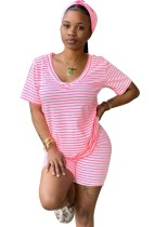 Summer Striped Two Piece Shorts Pajama Set with Headband