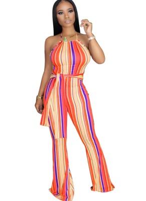 Sexy Stripes Halter Jumpsuit with Belt