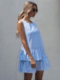 White and Blue Striped Sleeveless Short Dress