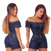 Summer Dark Blue Off Shoulder Tight Denim Rompers