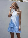White and Blue Striped Sleeveless Short Dress