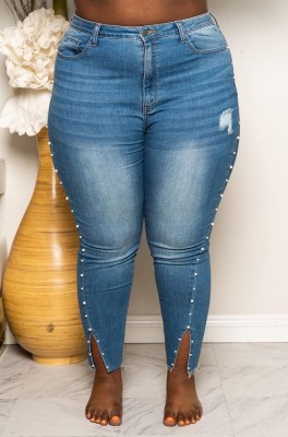 Plus Size High Waist Beaded Slit Fit Jeans