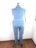 Plus Size Ripped Blue Sleeveless Denim Jumpsuit