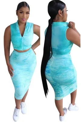Sexy Tie Dye Crop Top and Midi Skirt Set