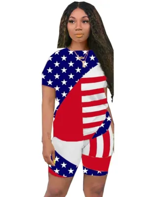 Flag Print Summer Two Piece Shorts Set