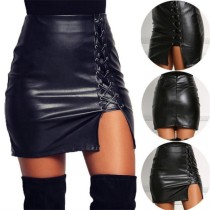 Black Leather Lace Up Sexy Mini Skirt