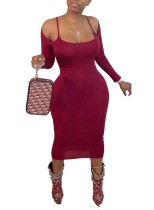 Sexy Red Strap Midi Dress with Sleeves