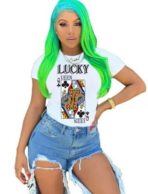 Summer Print Poker White O-Neck Shirt
