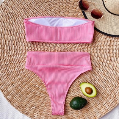 Two Piece Solid Color High Waist Bandeau Swimwear