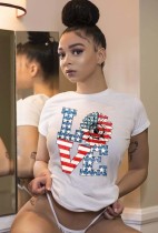 American Flag Print White O-Neck Shirt