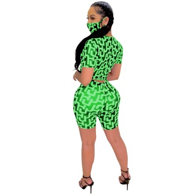 Summer Print Sexy Two Piece Biker Shorts Set with Face Cover