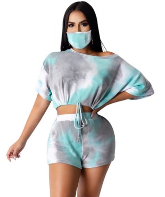 Casual Tie Dye Two Piece Shorts Set with Matching Face Cover