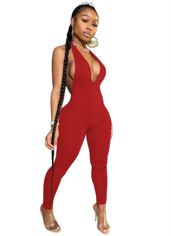 Plain Color Sexy Backless Halter Bodycon Jumpsuit