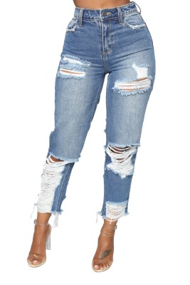 Summer High Waist Ripped Damaged Blue Jeans