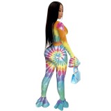 Tie Dye Long Sleeve Sexy Knot Bodycon Jumpsuit