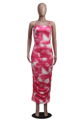 Sexy Tie Dye Strap Ruched Midi Dress