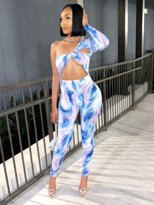 Tie Dye Sexy One Shoulder Party Jumpsuit