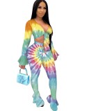 Tie Dye Long Sleeve Sexy Knot Bodycon Jumpsuit