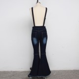 Blue Suspender Ripped Flare Jeans Trousers