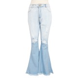 Plus Size High Waist Ripped Flare Jean Trousers