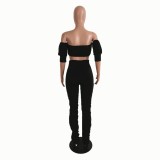 Solid Color Sexy Crop Top and Stacked High Waist Pants Set