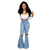 Light Blue Suspender Ripped Flare Jeans Trousers