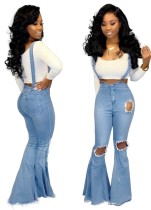 Light Blue Suspender Ripped Flare Jeans Trousers