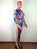 Sexy Patchwork Print Long Sleeve Zipper Bodycon Jumpsuit