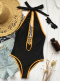Sexy Black One Piece Deep-V Swimwear with Contrast Trims