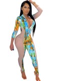 Sexy Patchwork Print Long Sleeve Zipper Bodycon Jumpsuit