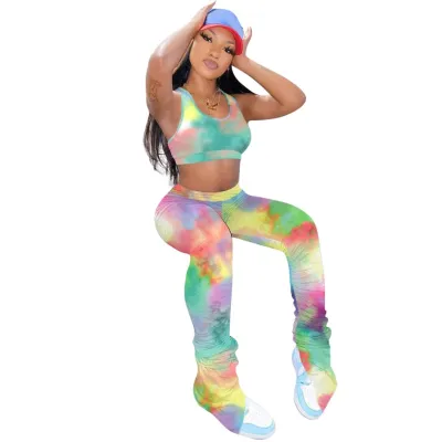 Tie Dye Sexy Crop Top and Stacked Legging Set