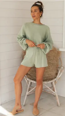 Solid Color Autumn Two Piece Matching Shorts Pajama Set