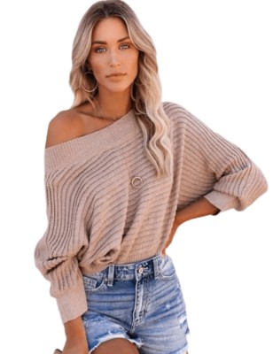 Solid Color Bat Sleeving Striped Sweater