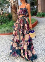 Summer Floral Strap Crop Top and Maxi Skirt Set