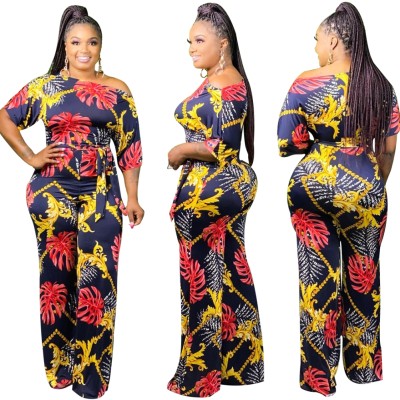 Summer Print African Elegant Jumpsuit with Belt