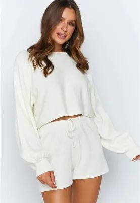 Solid Color Autumn Two Piece Matching Shorts Pajama Set