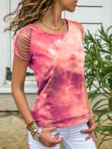 Summer Tie Dye O-Neck Shirt with Rip Sleeves