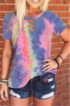 Summer Tie Dye O-Neck Cut Out Shirt