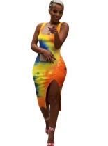 Sexy Tie Dye Sleeveless Slit Tight Dress