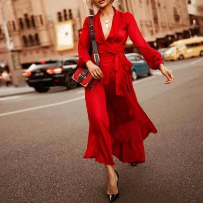 Western Elegant Long Sleeve V-Neck Plain Evening Dress