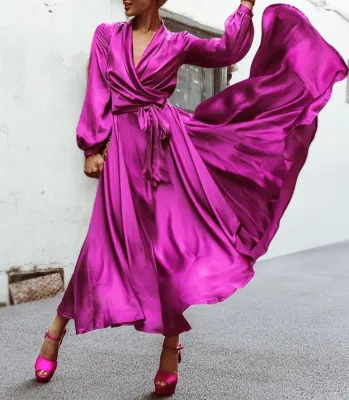 Western Elegant Long Sleeve V-Neck Plain Evening Dress