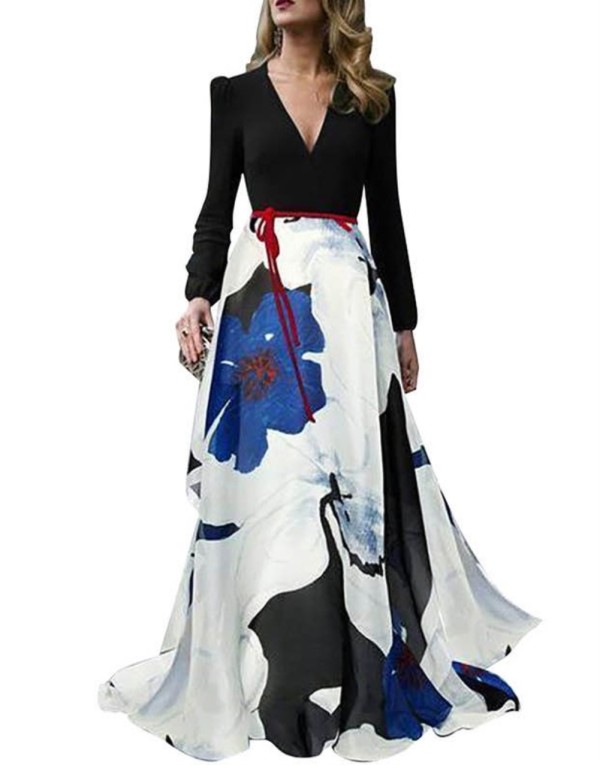 Western Elegant Long Sleeve V-Neck Floral Evening Dress