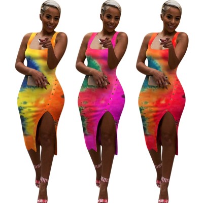 Sexy Tie Dye Sleeveless Slit Tight Dress