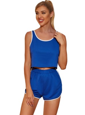 Blue Two Piece Sleeveless Shorts Leisure Suit